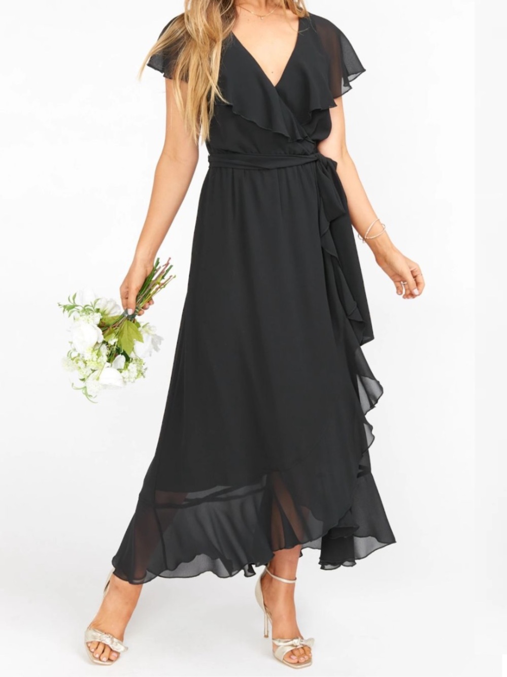 Show Me Your MuMu Black Ruffle Wrap High-Low Bridesmaid Dress